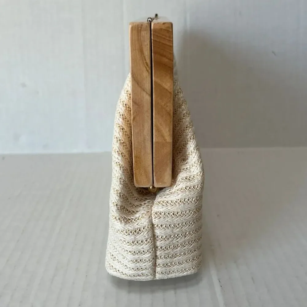 Tommy Bahama woven raffia structured clutch boho crossbody chain strap wood fram